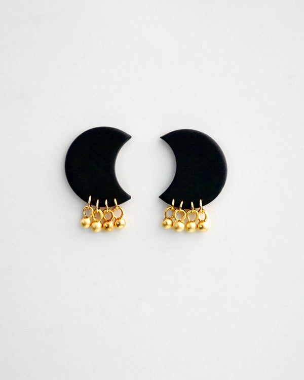 Black Moon Clay & Brass Earrings, Titanium Posts or Non-Pierced Clip On