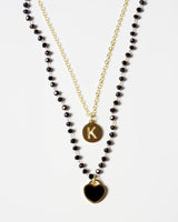 Gold Initial & Black Beaded Necklace Set