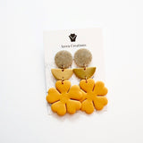 Polymer Clay Flower & Brass Half Moon Earrings