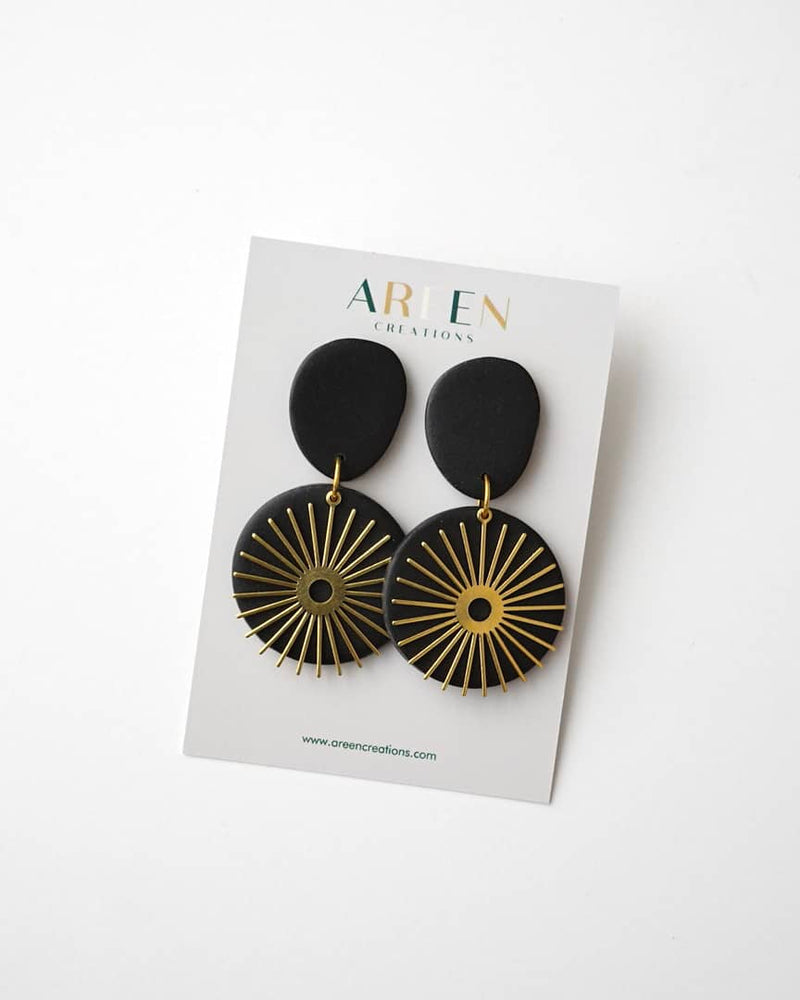 Black Handmade Brass & Polymer Clay Statement Earrings.