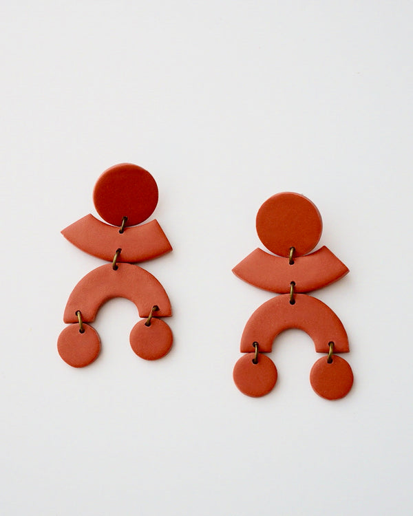 Handmade Polymer Clay Statement Earrings in Terracotta color  Cute and modern clay dangles in geometric shapes. Available with hypoallergenic titanium posts or clip-on option. Stylish and lightweight measuring at only 2.25" long.