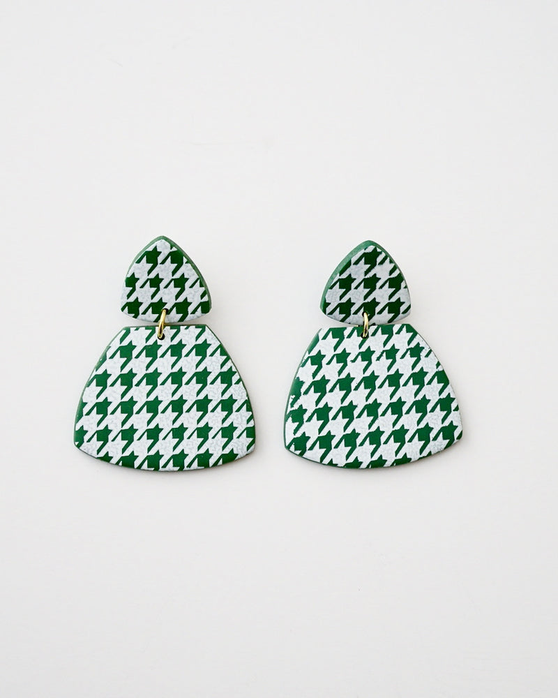 Handmade Houndstooth Green Polymer Clay Statement Earrings.  These modern clay dangles are a new twist on an old style. Available with hypoallergenic titanium posts or clip-on option. Stylish, lightweight and effortlessly retro-inspired for a chic look. These are a part of the Houndstooth Polymer Clay Collection.