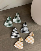 Handmade Houndstooth Brown Polymer Clay Statement Earrings.  These modern clay dangles are a new twist on an old style. Available with hypoallergenic titanium posts or clip-on option. Stylish, lightweight and effortlessly retro-inspired for a chic look. These are a part of the Houndstooth Polymer Clay Collection.