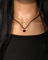 Gold Initial & Black Beaded Necklace Set