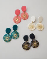 Handmade Brass & Polymer Clay Statement Earrings. Modern clay dangles with brass sunburst charms. Available with hypoallergenic titanium posts or clip-on option. These are stylish, lightweight and will be a standout for a chic daytime look or a night out.