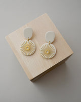 Handmade Brass & Polymer Clay Statement Earrings. Modern clay dangles with brass sunburst charms. Available with hypoallergenic titanium posts or clip-on option. These are stylish, lightweight and will be a standout for a chic daytime look or a night out.