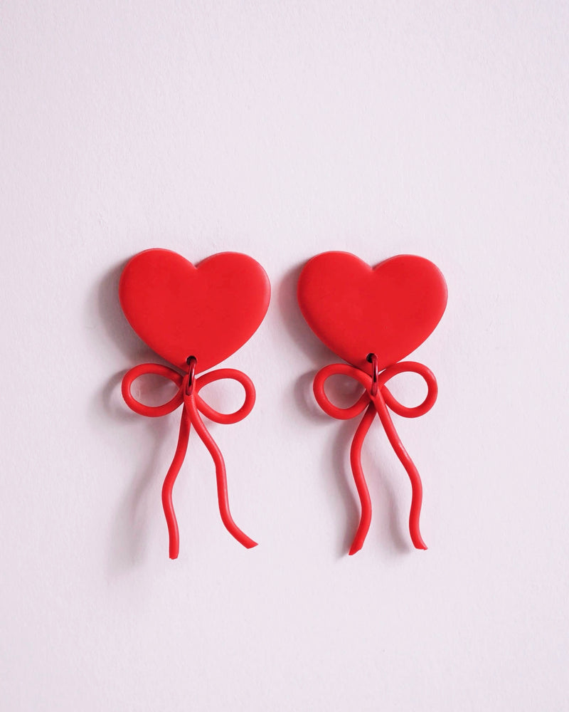 Red Heart & Bow Valentine Polymer Clay Earrings