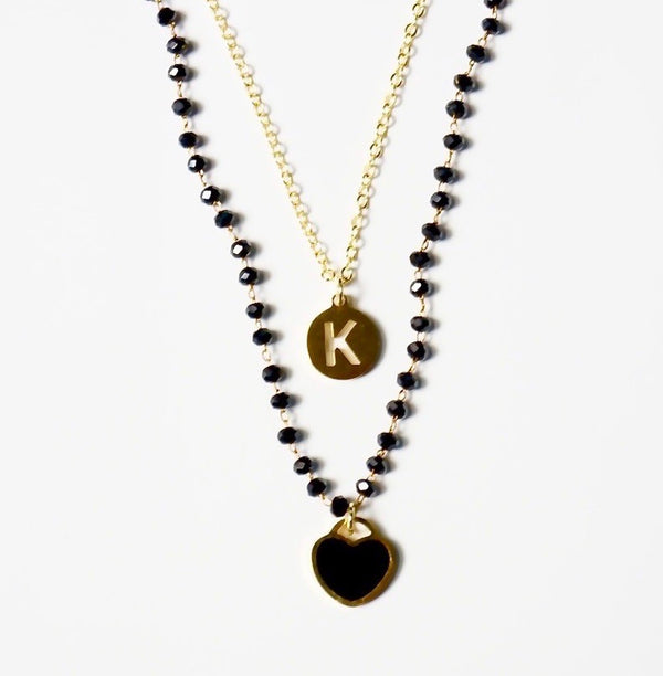 Gold Initial & Black Beaded Necklace Set
