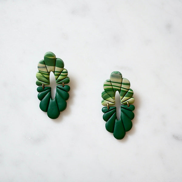 Handmade Scalloped Marble Green Polymer Clay Earrings 