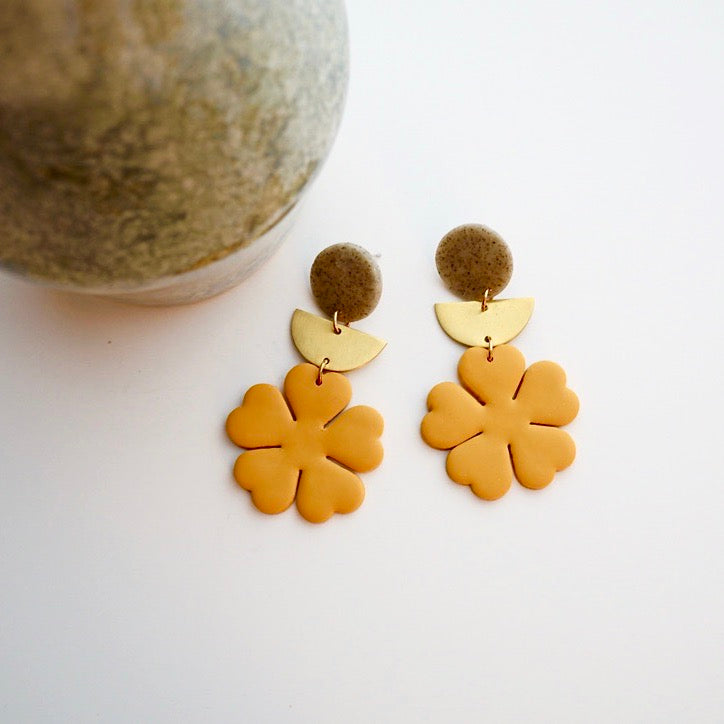 Polymer Clay Flower & Brass Half Moon Earrings