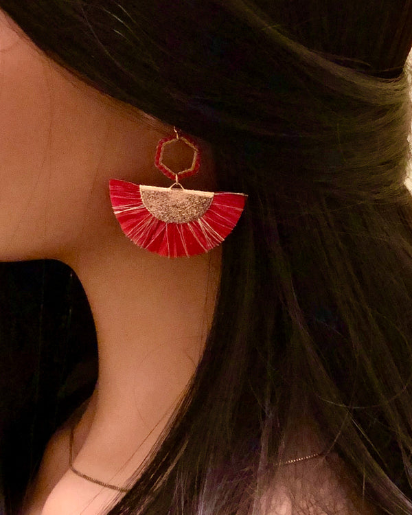 Red Raffia Straw Fan Earrings
