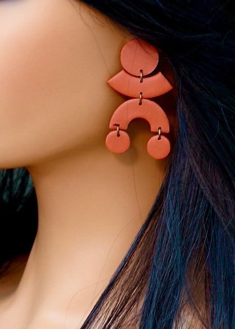 Handmade Polymer Clay Statement Earrings in Terracotta color  Cute and modern clay dangles in geometric shapes. Available with hypoallergenic titanium posts or clip-on option. Stylish and lightweight measuring at only 2.25" long.