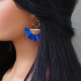 Blue Raffia Straw Fan Earrings