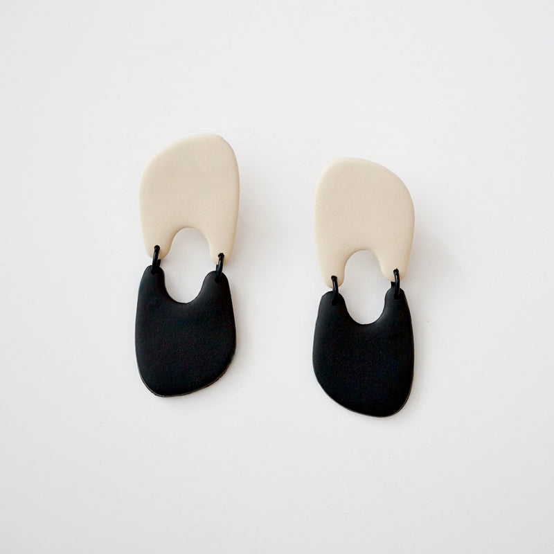 Ivory & Black  Double Arch Polymer Clay Earrings, Pierced or Non-Pierced Clip-On Options, Titanium Posts
