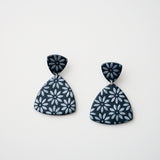 Dark Blue Polymer Clay Earrings, Pierced or Non-Pierced Clip-On Options. Handmade Blue Polymer Clay Earrings with Hand Painted Floral Design.