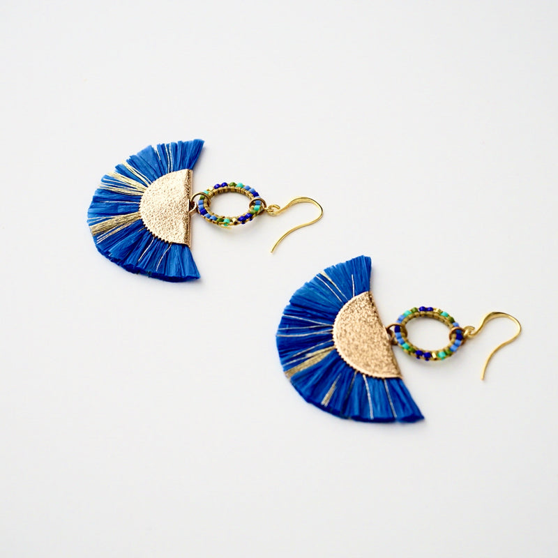 Blue Raffia Straw Fan Earrings
