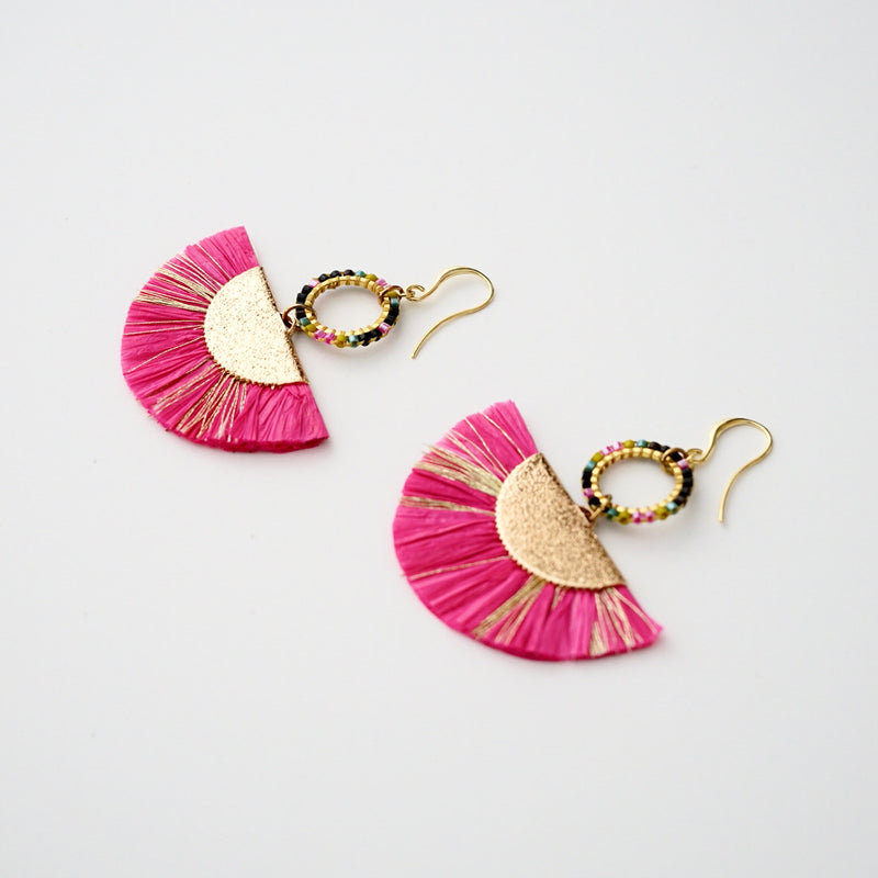 Pink Raffia Straw Fan Earrings