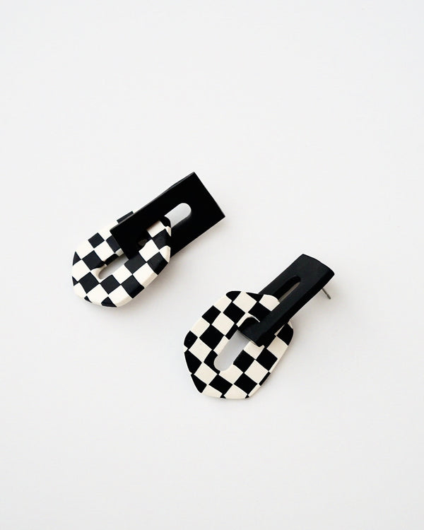Handmade Checker Polymer Clay Statement Earrings with Titanium Posts  Modern interlocking hexagon clay dangles. Cute, lightweight and trendy earrings in black & white checker pattern. Available with hypoallergenic titanium posts.