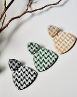 Handmade Houndstooth Brown Polymer Clay Statement Earrings.  These modern clay dangles are a new twist on an old style. Available with hypoallergenic titanium posts or clip-on option. Stylish, lightweight and effortlessly retro-inspired for a chic look. These are a part of the Houndstooth Polymer Clay Collection.