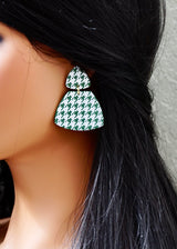 Handmade Houndstooth Green Polymer Clay Statement Earrings.  These modern clay dangles are a new twist on an old style. Available with hypoallergenic titanium posts or clip-on option. Stylish, lightweight and effortlessly retro-inspired for a chic look. These are a part of the Houndstooth Polymer Clay Collection.