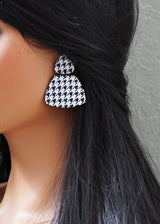 Handmade Houndstooth Black Polymer Clay Statement Earrings.  These modern clay dangles are a new twist on an old style. Available with hypoallergenic titanium posts or clip-on option. Stylish, lightweight and effortlessly retro-inspired for a chic look. These are a part of the Houndstooth Polymer Clay Collection.