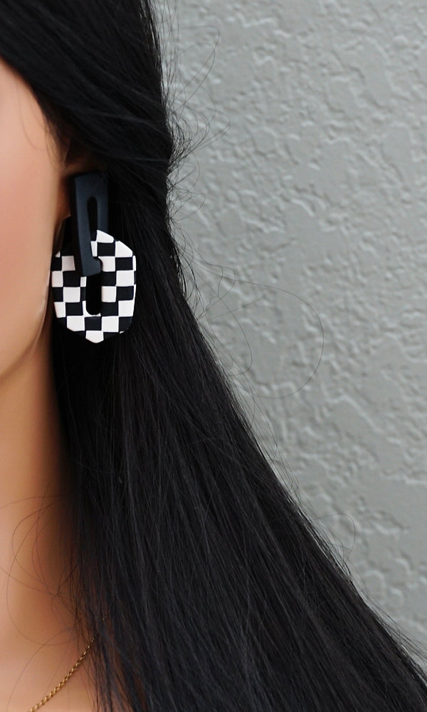 Handmade Checker Polymer Clay Statement Earrings with Titanium Posts  Modern interlocking hexagon clay dangles. Cute, lightweight and trendy earrings in black & white checker pattern. Available with hypoallergenic titanium posts.