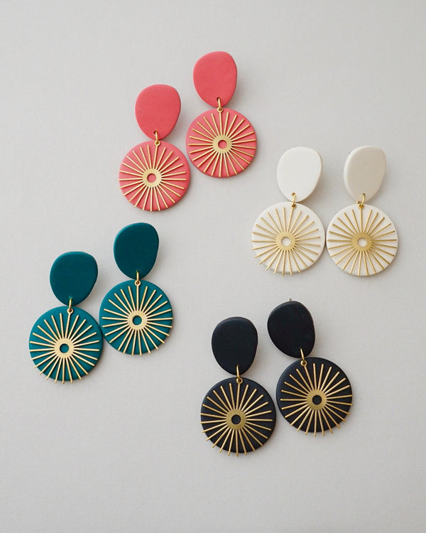 Handmade Brass & Polymer Clay Statement Earrings.  Modern clay dangles with brass sunburst charms. Available with hypoallergenic titanium posts or clip-on option. These are stylish, lightweight and will be a standout for a chic daytime look or a night out. 