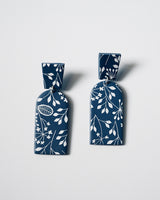 Handmade Blue & White Floral Print Polymer Clay Statement Earrings. Modern and cute denim blue clay dangles with detailed white floral print. Available with hypoallergenic titanium posts or clip-on option. 
