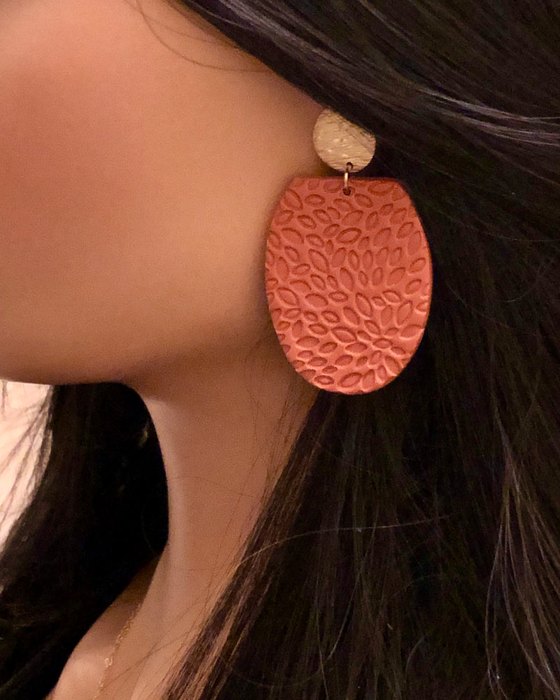 Oval Polymer Clay Earrings Petal Print, Terracotta