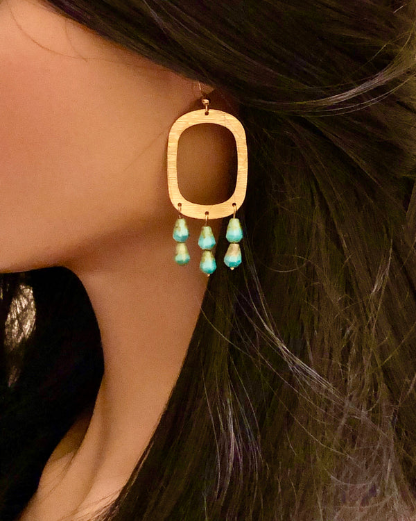 Beaded Brass Hoop Earrings, Turquoise & Bronze