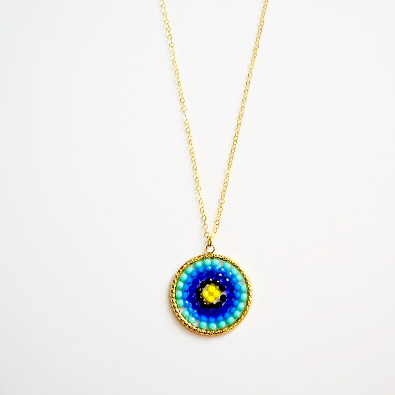 Blue Mix Beaded Crystal Woven Pendant Necklace
