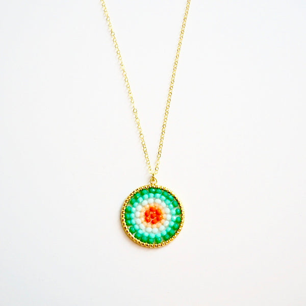 Turquoise Mix Beaded Crystal Woven Pendant Necklace