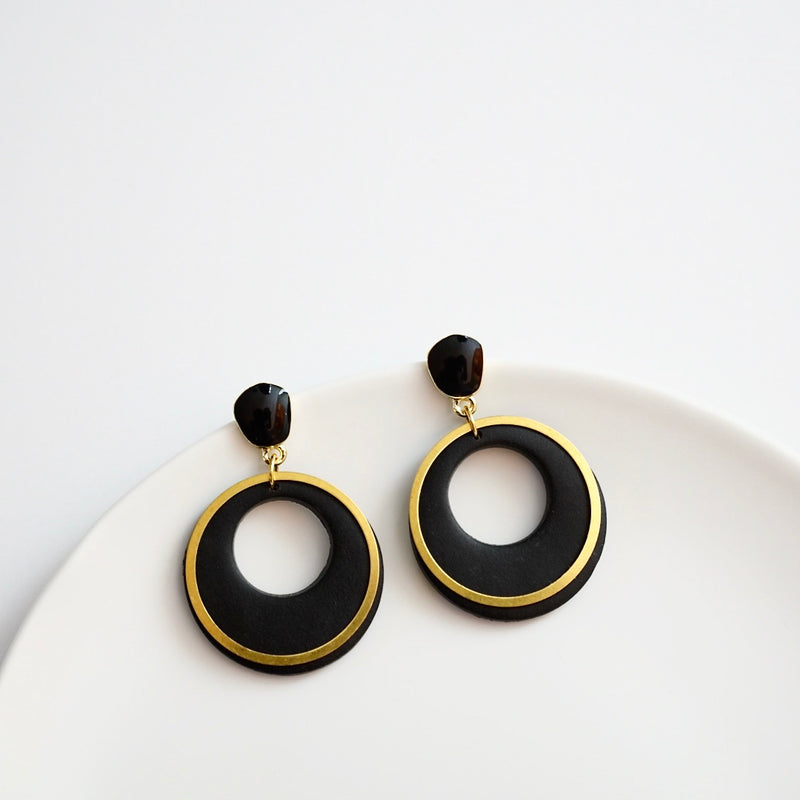 Rectangle Polymer Clay Earrings - Black, Copper and Gold