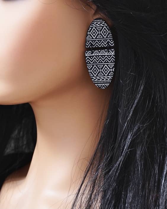 Black & White Aztec Polymer Clay Earrings, Pierced or Non Pierced Clip On